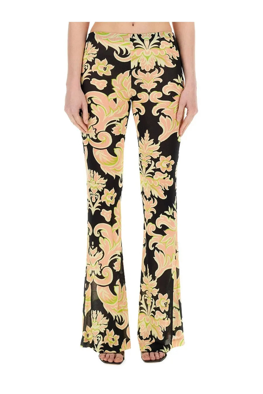 Black flared etro women’s printed jersey pants with a bold peach and lime green floral damask pattern