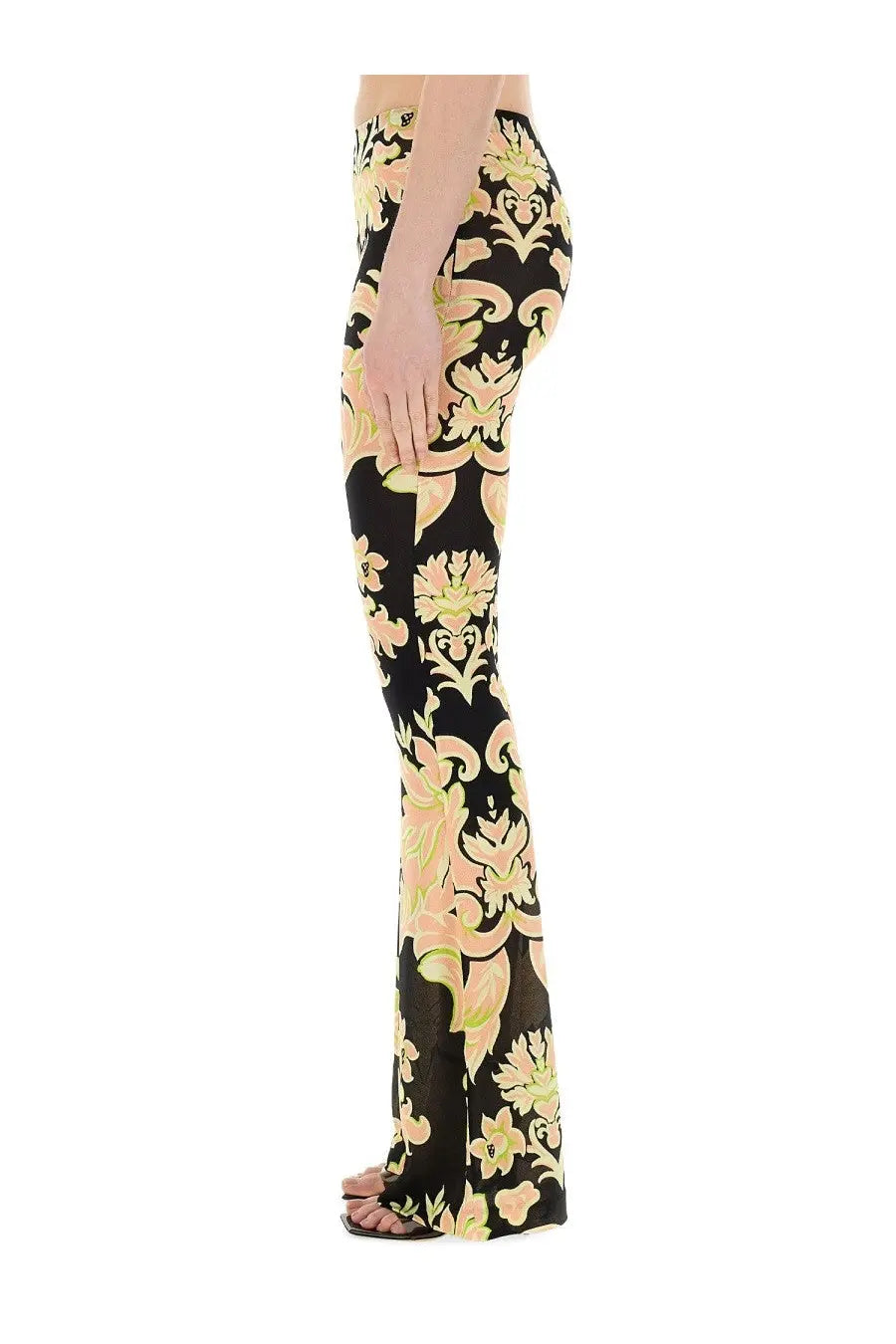 Black high-waisted flared etro women’s printed jersey pants with bold blush pink and lime green floral damask pattern