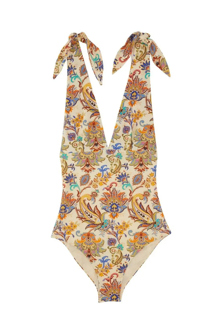 Etro women’s printed one piece swimsuit with vibrant floral paisley pattern in orange blue purple teal on off-white base with tied straps