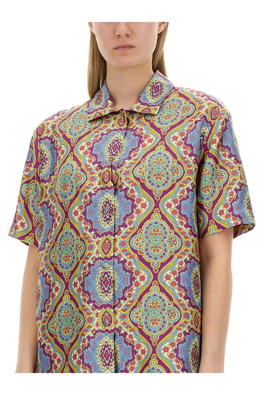 Etro women’s printed silk shirt with short sleeves featuring a vibrant multicolor paisley pattern in purple blue yellow and red