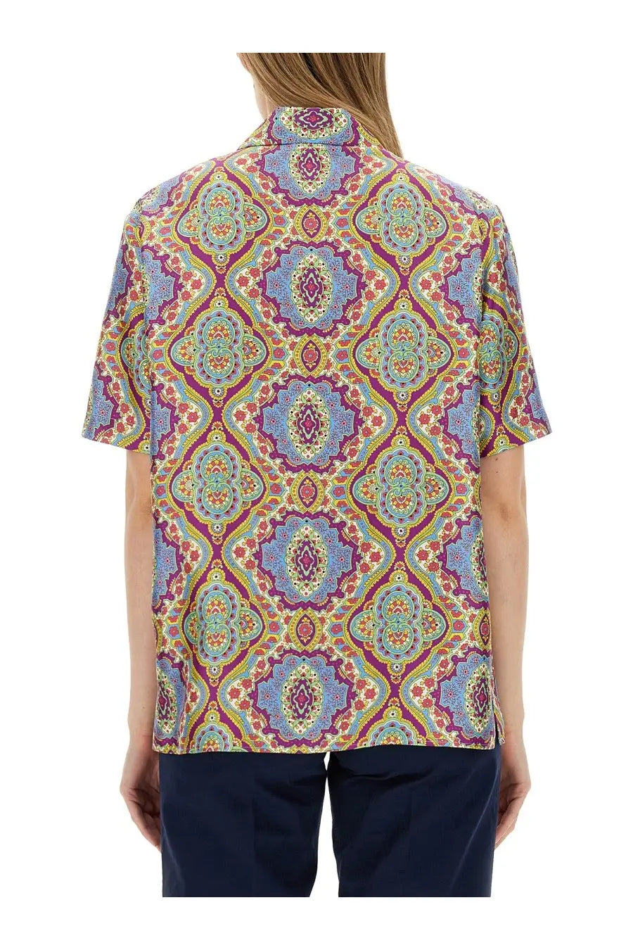 Etro women’s printed silk shirt multicolor with short sleeves and an intricate geometric and floral pattern