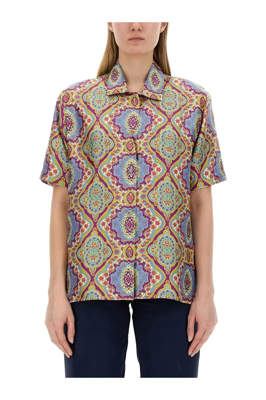 Etro women’s printed silk shirt in multicolor with short sleeves and intricate geometric floral pattern