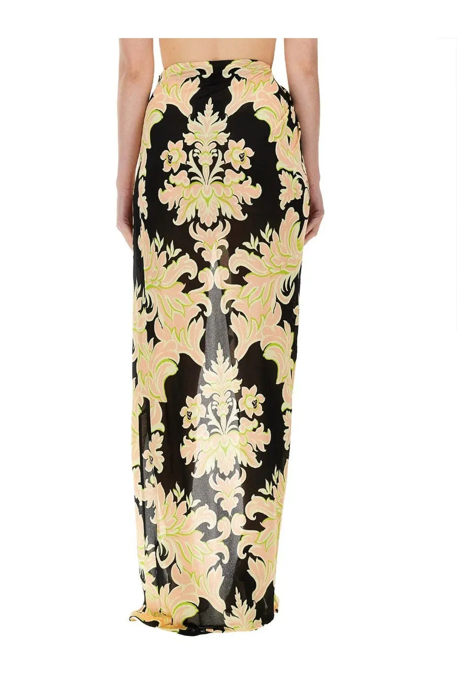 Etro women’s sarong skirt in black with a flowing maxi design and intricate peach and pale green floral damask pattern