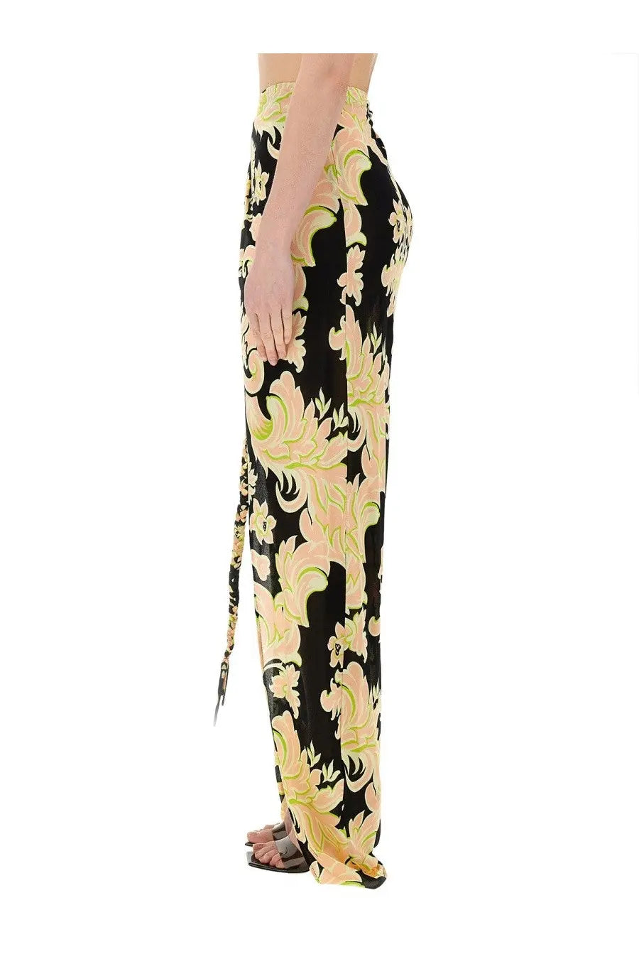 Etro women’s sarong skirt with black and pale yellow floral pattern wide-leg trousers and side slit detail