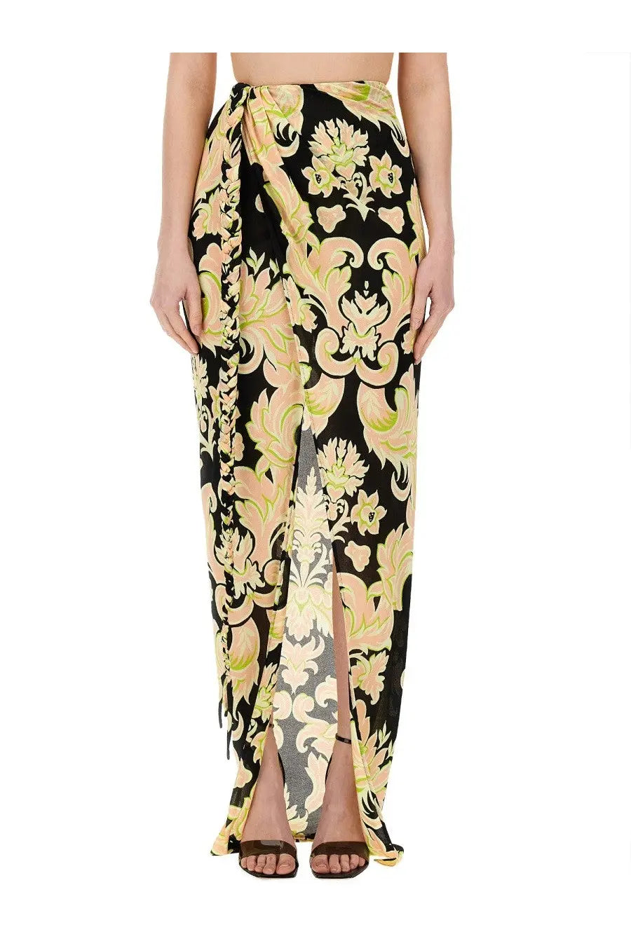 Etre women sarong skirt in black wrap style with vibrant yellow peach and green floral damask pattern