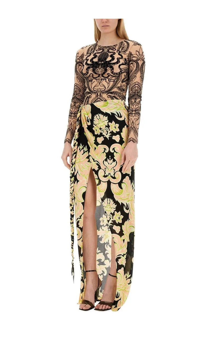Etro women’s sarong skirt multicolor long sheer mesh gown with black and pale yellow floral damask pattern and high slit