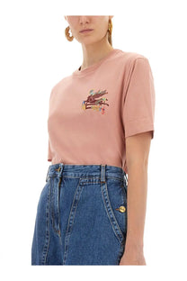Etro women shirt blue soft pink short-sleeved t-shirt with detailed embroidered mythical creature and floral design on chest