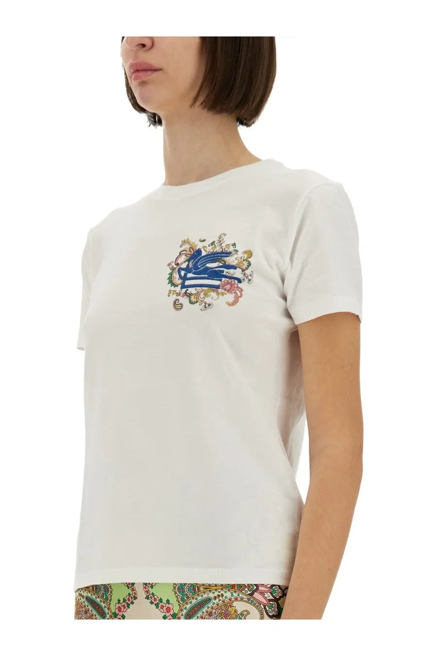 Etro women’s white cotton t-shirt with colorful embroidered crocodile logo and floral decorative elements