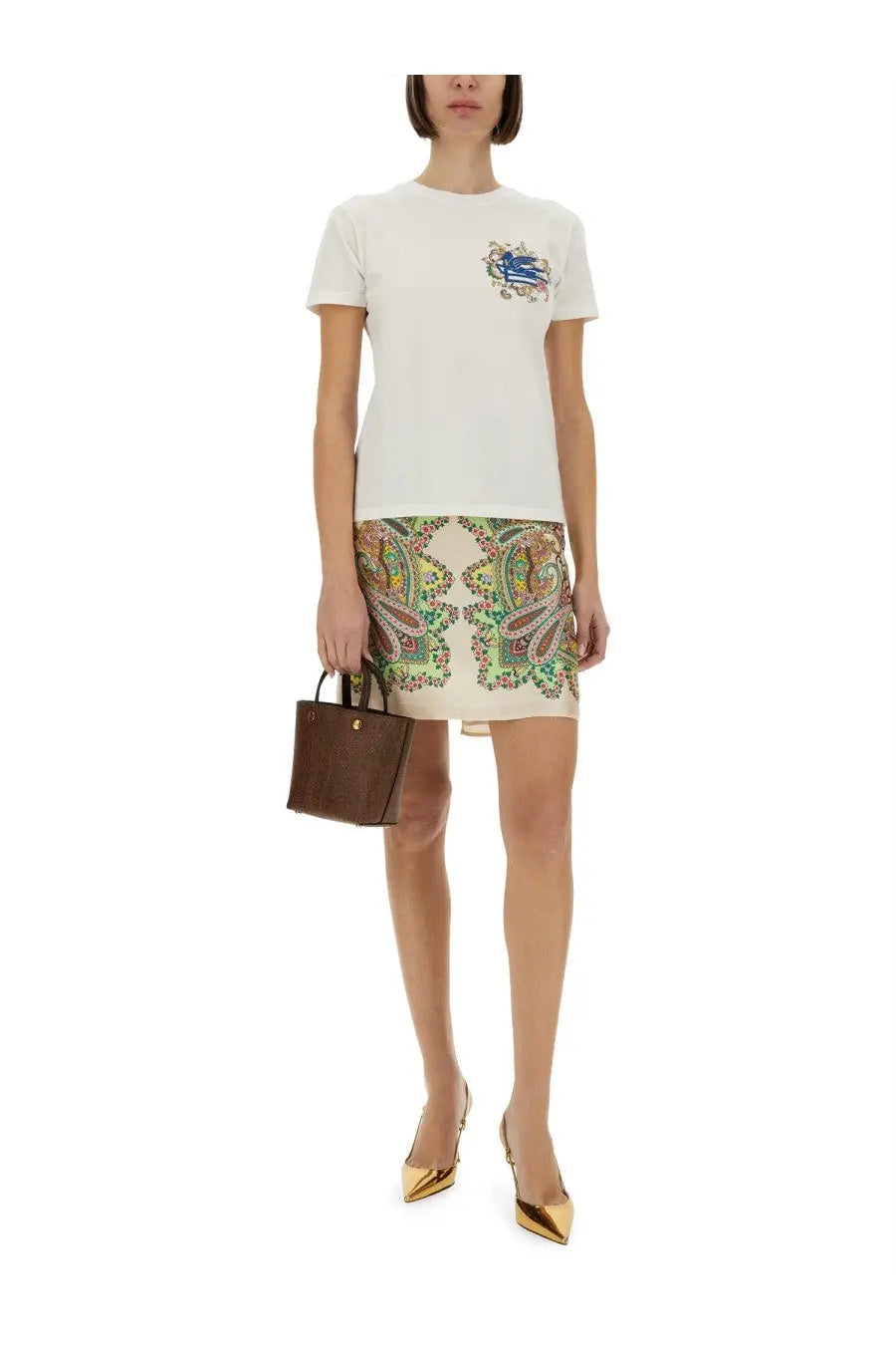 Etro women’s white short-sleeved shirt with colorful embroidered crest on left chest in lightweight fabric