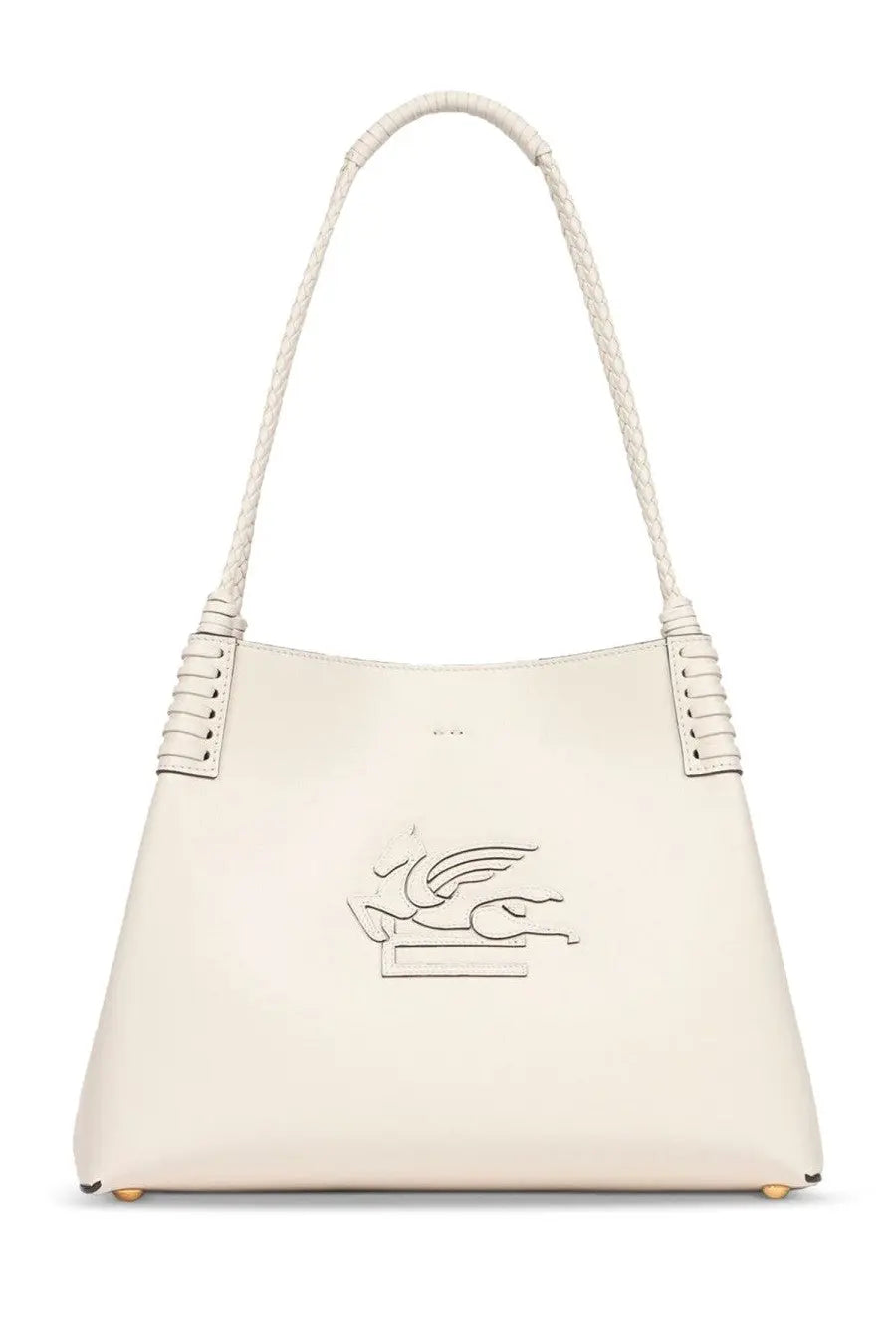 Cream-colored leather ETRO women’s Libra medium tote bag with braided shoulder strap and embossed logo for shopping use