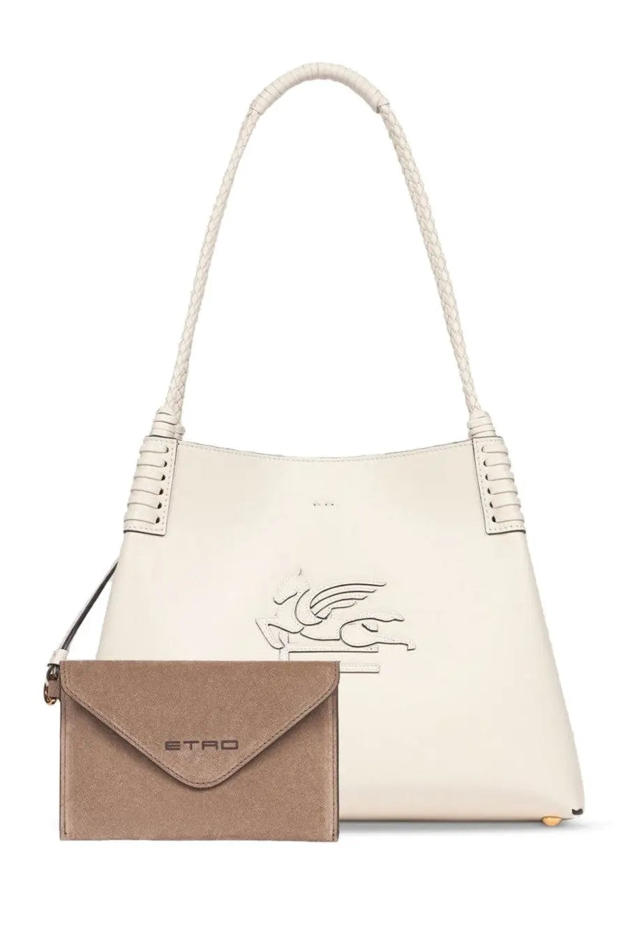 Etro women’s shopping bag libra medium white cream leather tote with braided handles and taupe suede envelope clutch
