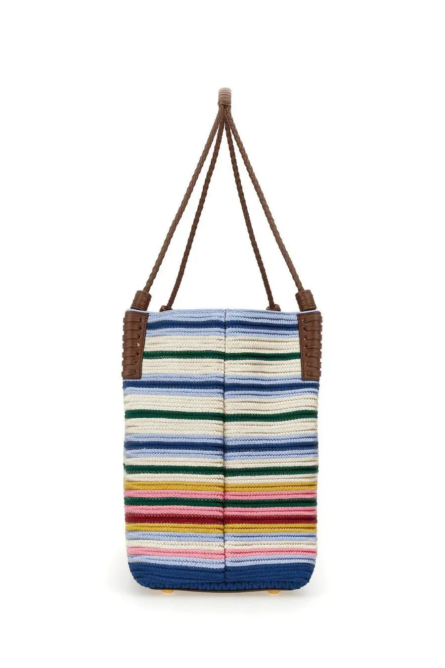 Etro women’s shopping bag libra paisley medium multicolor colorful striped woven tote with brown rope handles and leather accents