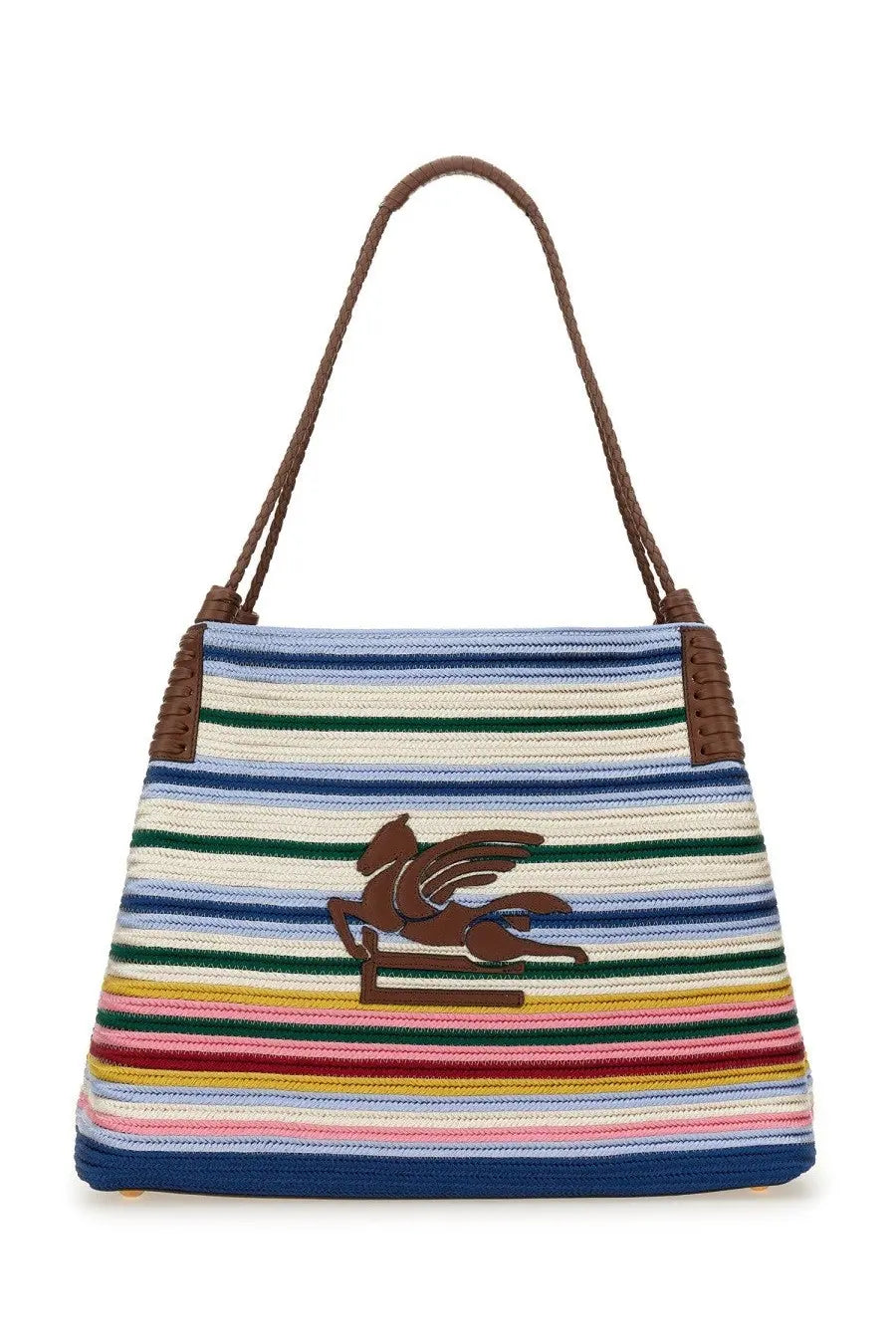 Etro women’s shopping bag libra paisley medium multicolor colorful striped woven tote with brown leather handles and logo