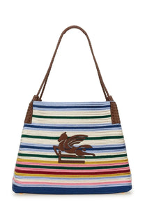 Etro women’s shopping bag libra paisley medium multicolor colorful striped woven tote with brown leather handles and logo