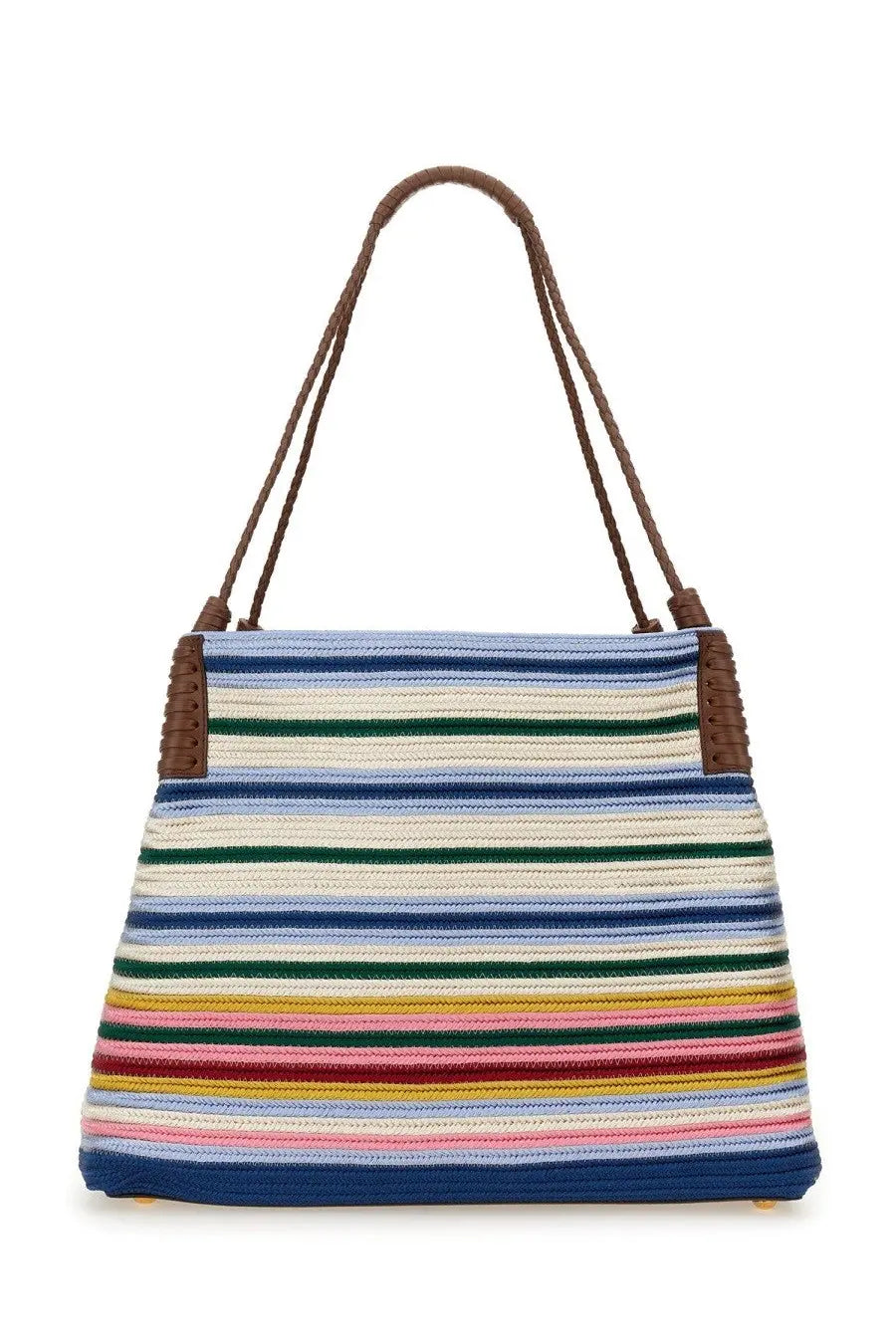 Etro women’s shopping bag libra paisley medium multicolor colorful woven tote with brown braided handles and reinforced corners