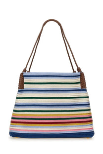 Etro women’s shopping bag libra paisley medium multicolor colorful woven tote with brown braided handles and reinforced corners