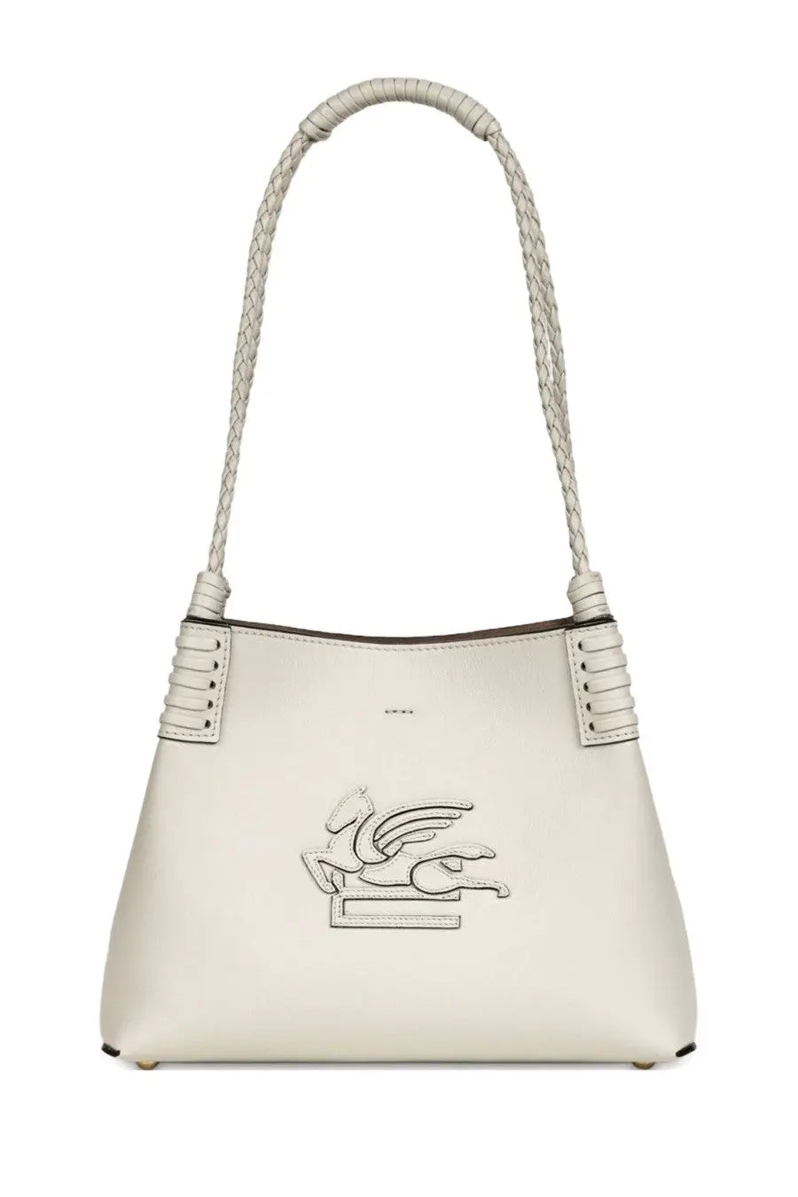 Etro women’s shopping bag Libra small white cream-colored leather with braided shoulder strap and embroidered winged logo