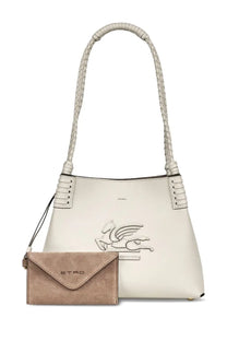 Etro women’s shopping bag libra small white cream leather handbag with braided strap and matching suede wallet