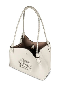 Etro women’s small white leather tote bag with braided handles and stylized black embroidered logo