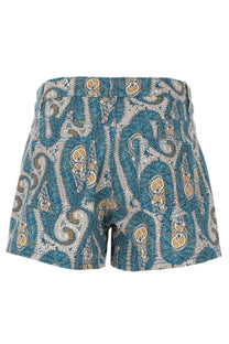 Etro women’s high waist shorts in blue and beige paisley pattern showing back pockets and fabric texture