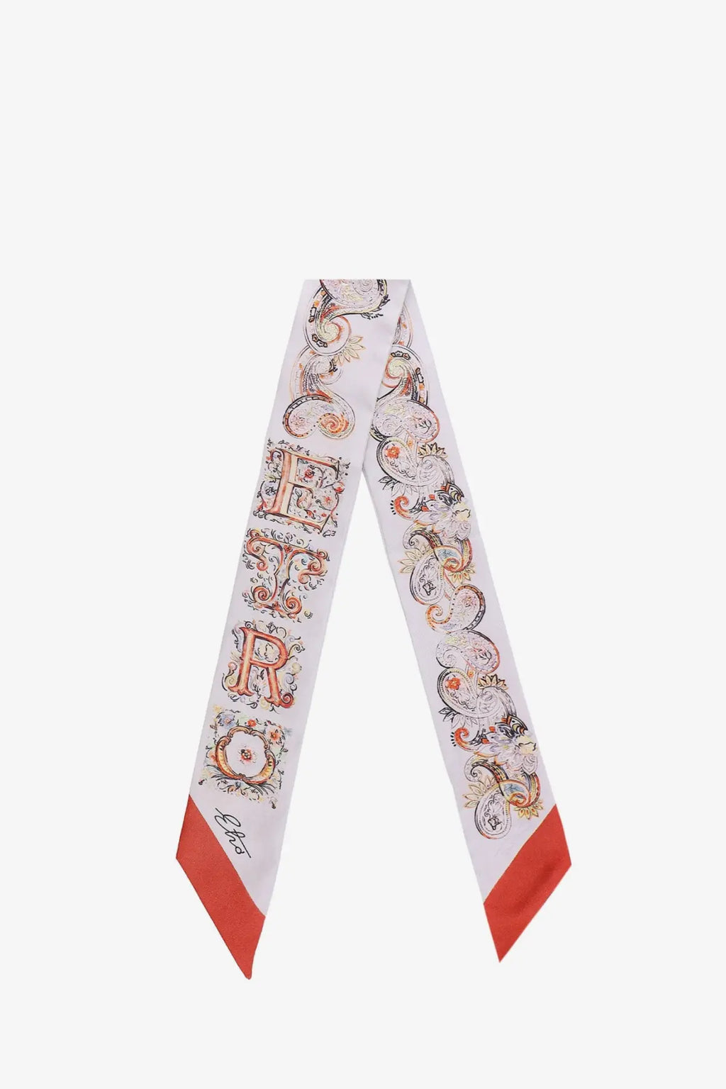 Etro women’s silk bandeau gold featuring white silk with vintage orange and brown floral motifs and coral red ends