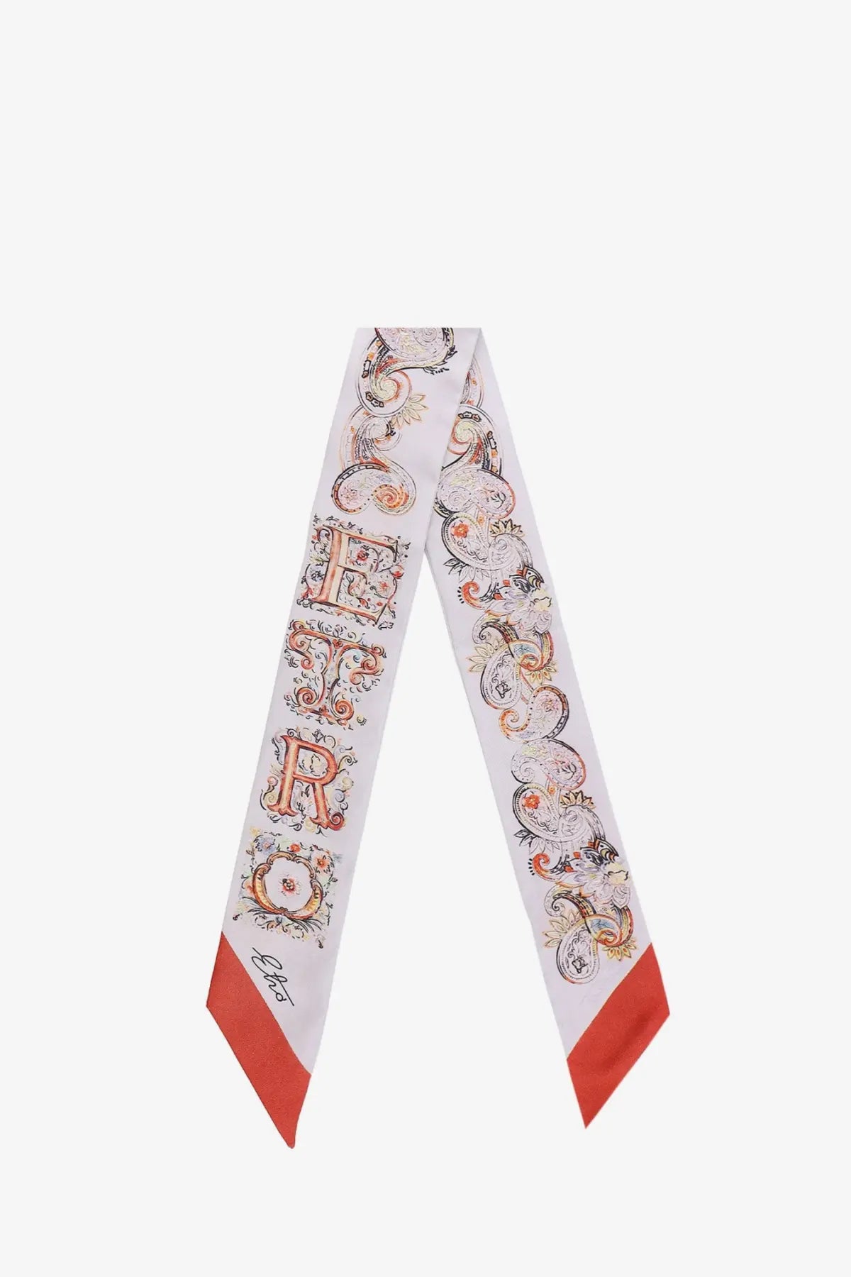 Etro women’s silk bandeau gold featuring white silk with vintage orange and brown floral motifs and coral red ends