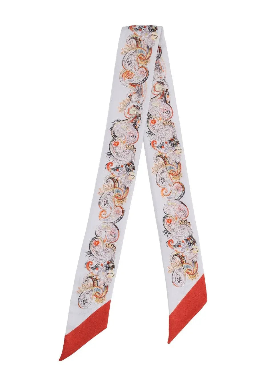 Etro women’s silk scarf in white with intricate orange pink and black paisley and bold red triangular accents