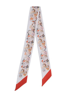 Etro women’s silk scarf in white with intricate orange pink and black paisley and bold red triangular accents