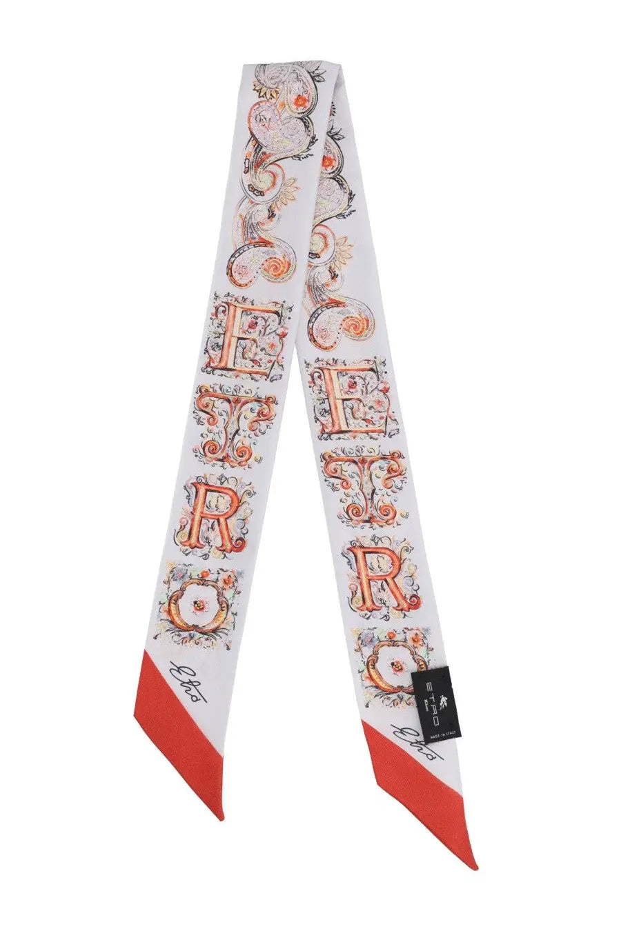 Etro women’s multicolor silk scarf with white base ornate orange and black lettering and red triangular ends