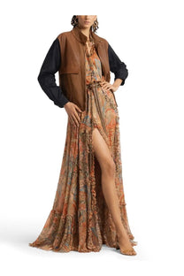 Etro women’s silk shirt dress in orange with a flowing paisley maxi design ruffled hem and high slit