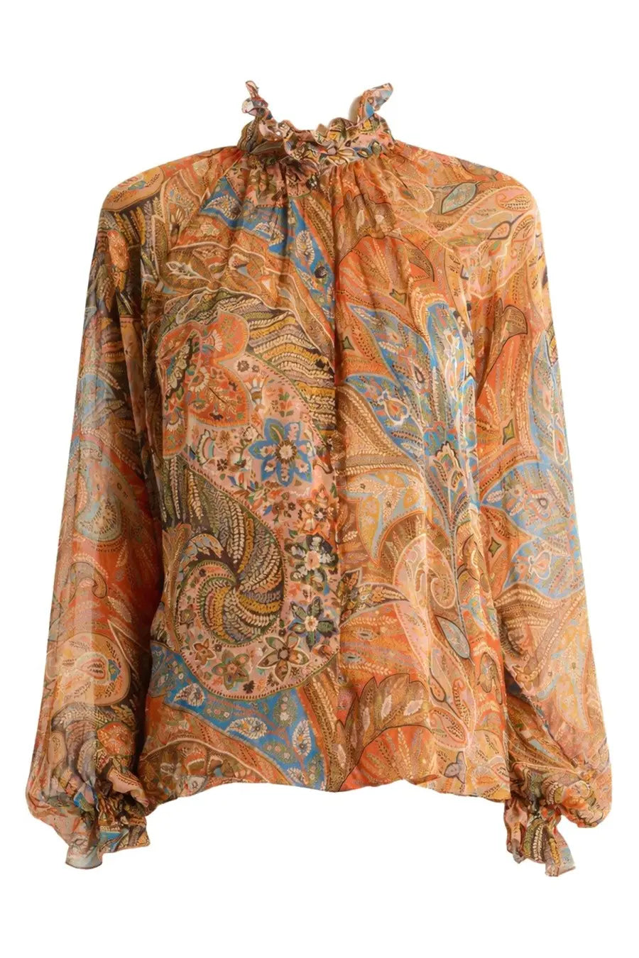 Etro women’s silk shirt orange with flowing long sleeves and vibrant orange and blue paisley pattern with ruffled cuffs