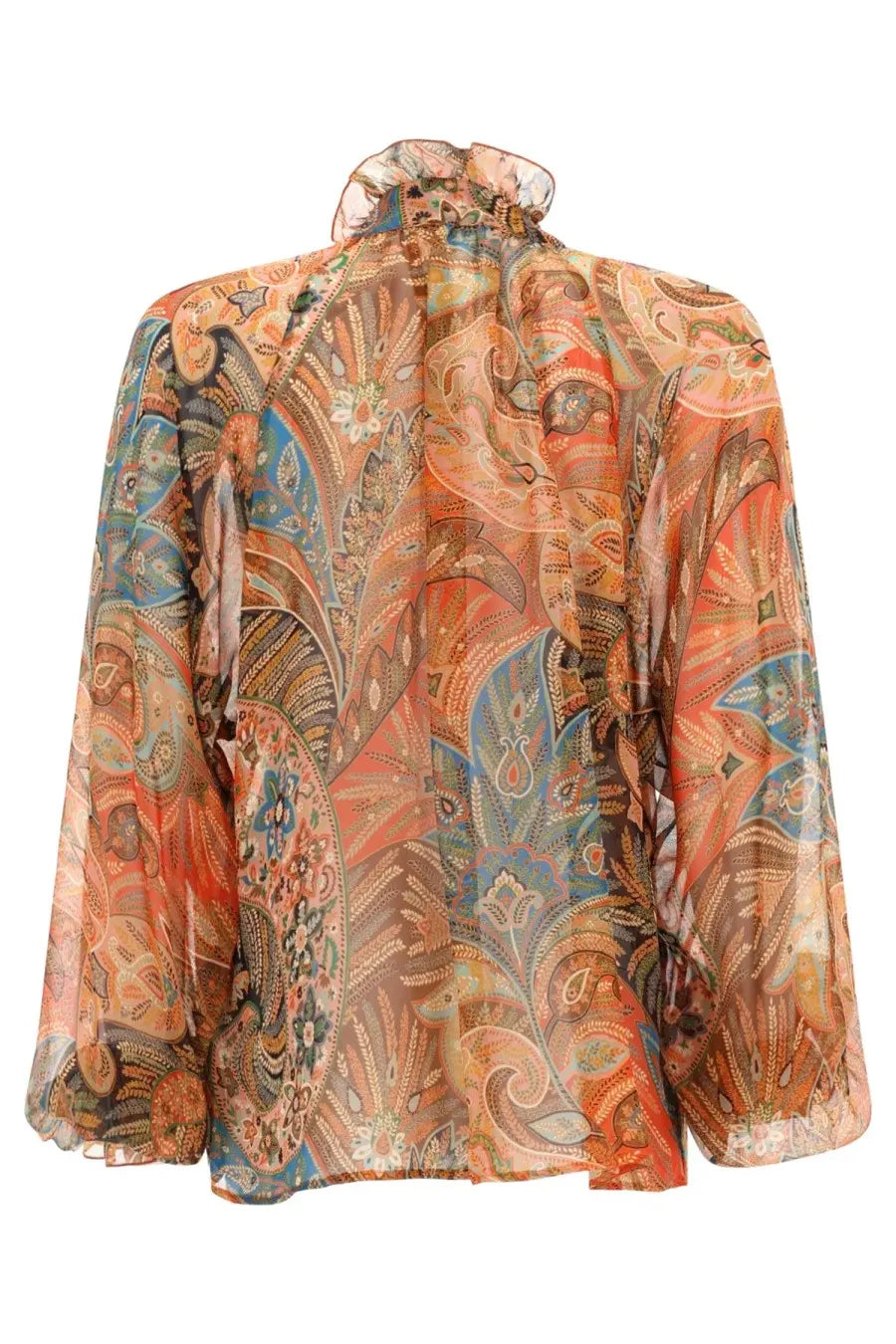 Etro women’s silk shirt orange sheer flowing blouse with vibrant paisley pattern in warm oranges blues and earthy tones
