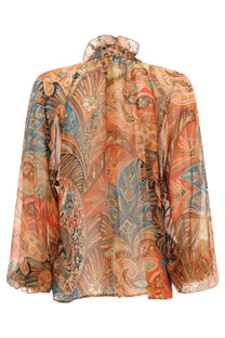 Etro women’s silk shirt orange sheer flowing blouse with vibrant paisley pattern in warm oranges blues and earthy tones