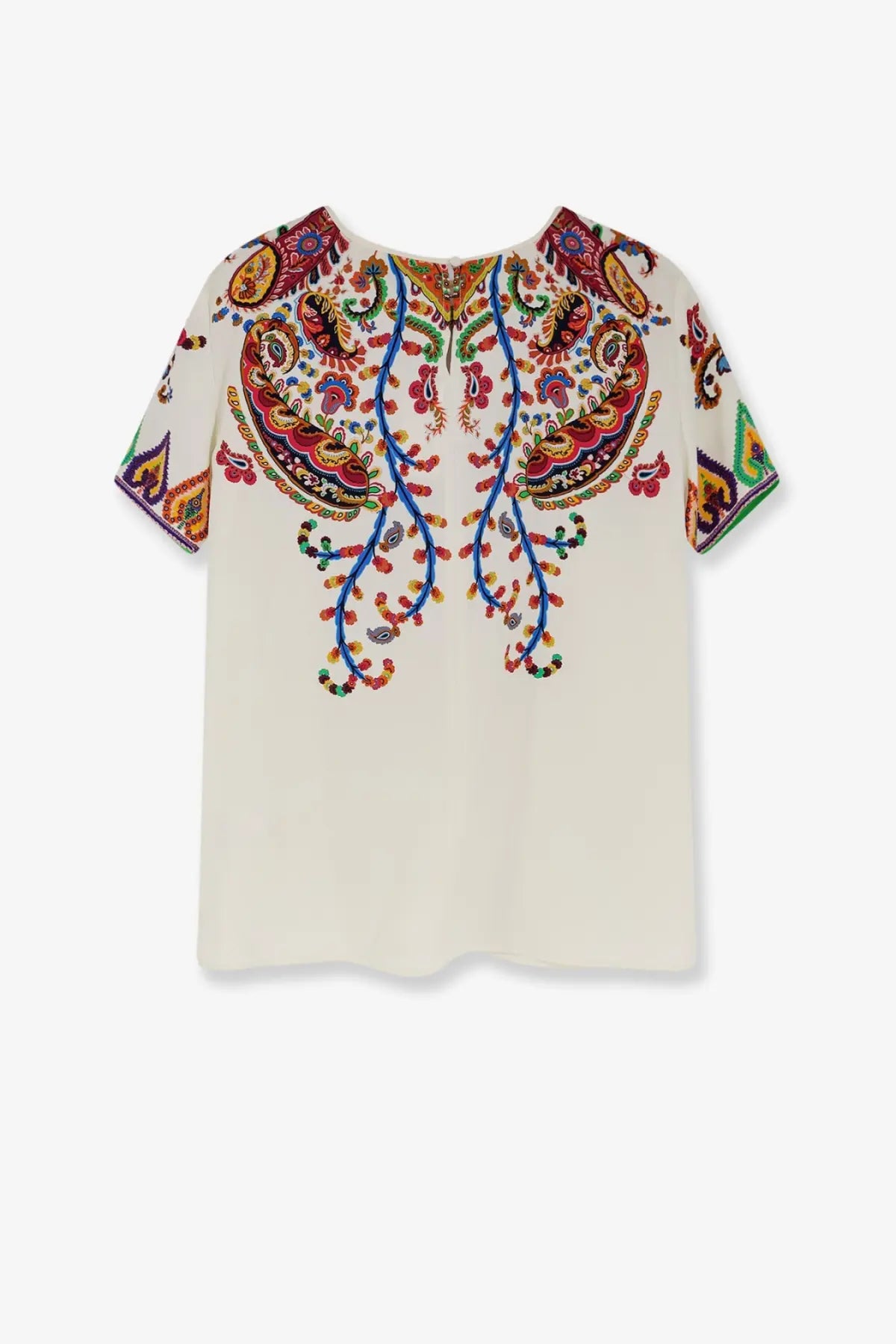 Cream-colored ETRO women’s silk blouse with short sleeves and intricate colorful paisley embroidery in reds blues and golds