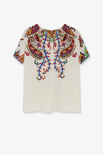 Cream-colored ETRO women’s silk blouse with short sleeves and intricate colorful paisley embroidery in reds blues and golds
