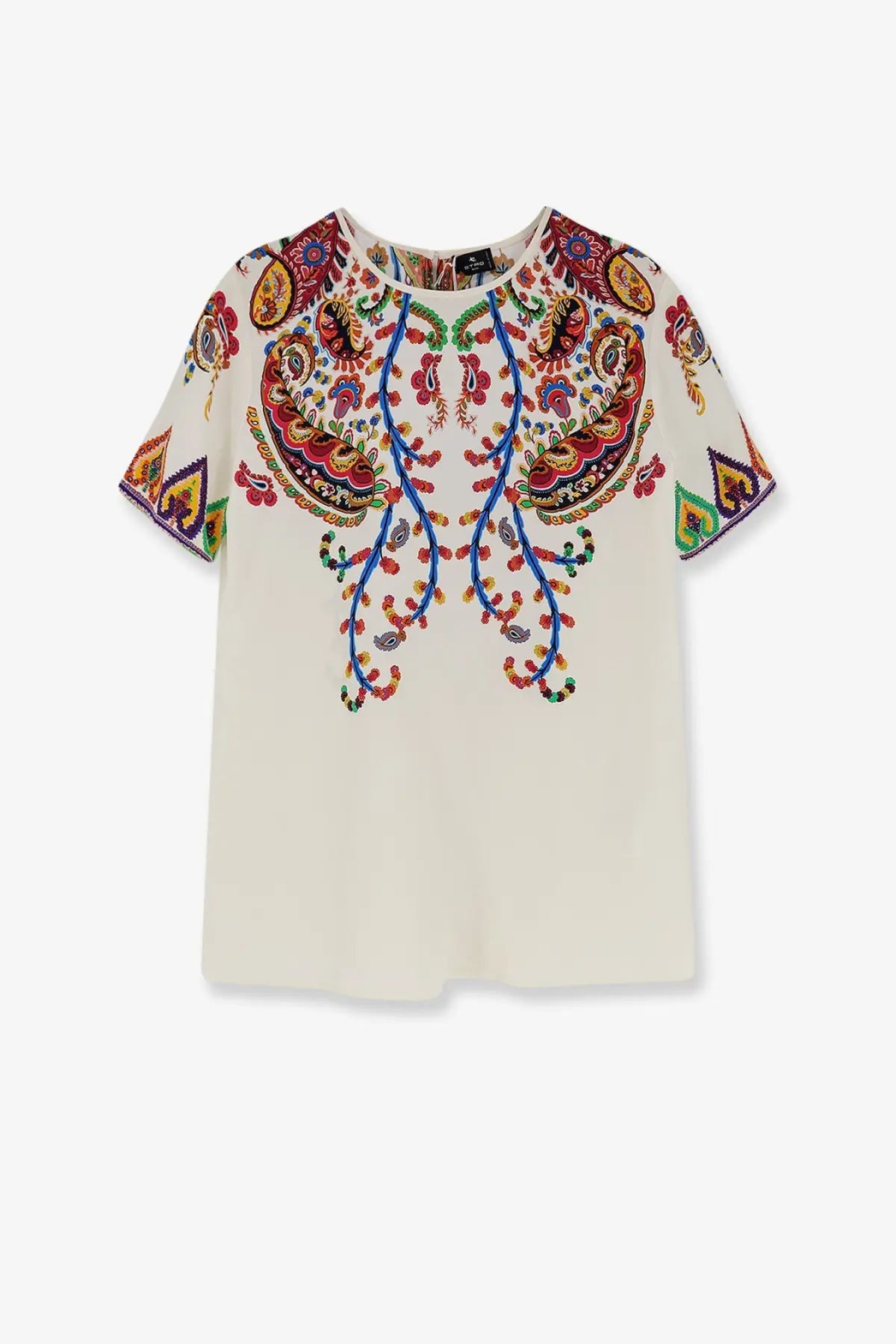 Etro women’s cream-colored silk blouse with short sleeves and vibrant paisley embroidery in reds blues and gold tones