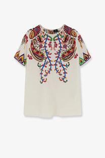 Etro women’s cream-colored silk blouse with short sleeves and vibrant paisley embroidery in reds blues and gold tones