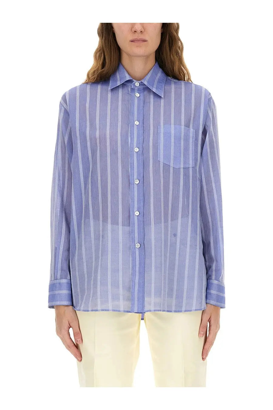 Etro women’s sheer lavender and white striped cotton button-down shirt with classic collar and chest pocket