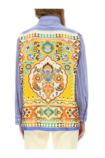 Etro women’s cotton blouse featuring vibrant yellow and orange patterns with lavender collar and cuffs