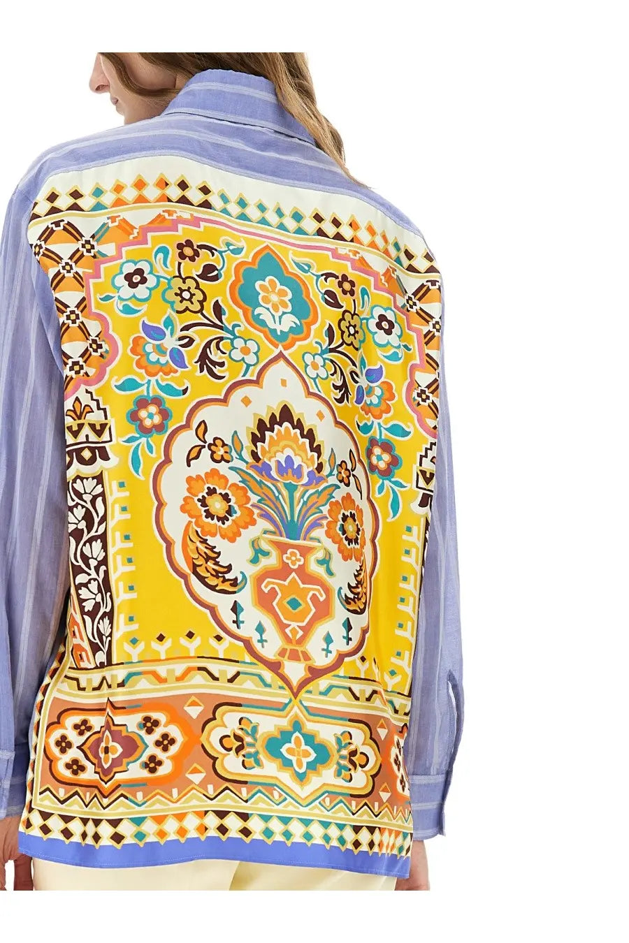 Etro women’s striped cotton shirt blue featuring a vibrant yellow and orange floral pattern with a bold central medallion