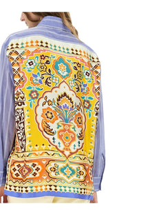 Etro women’s striped cotton shirt blue featuring a vibrant yellow and orange floral pattern with a bold central medallion