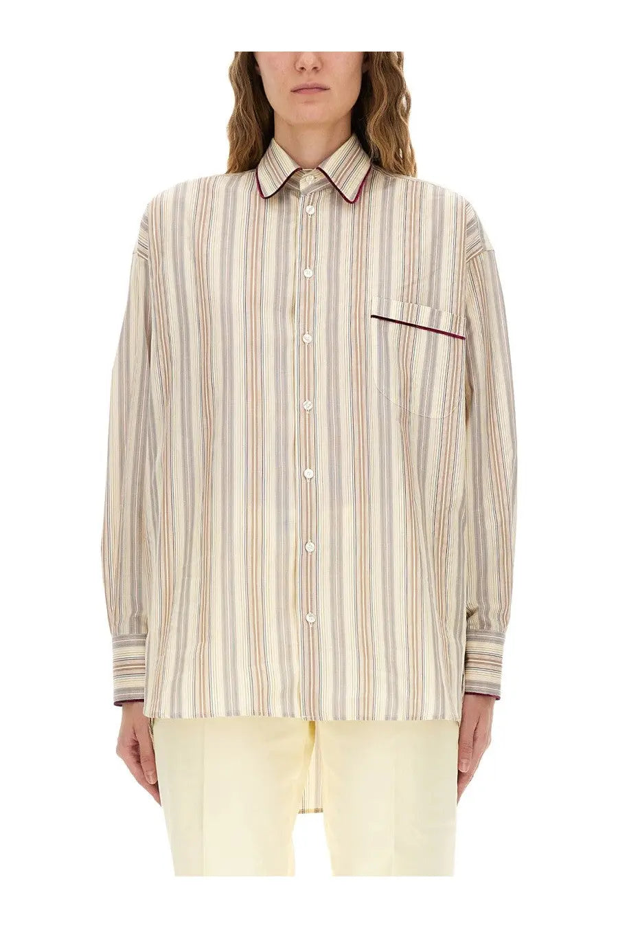 Etro women’s long-sleeved cotton shirt with beige cream striped pattern and dark red trim on collar and pocket edge