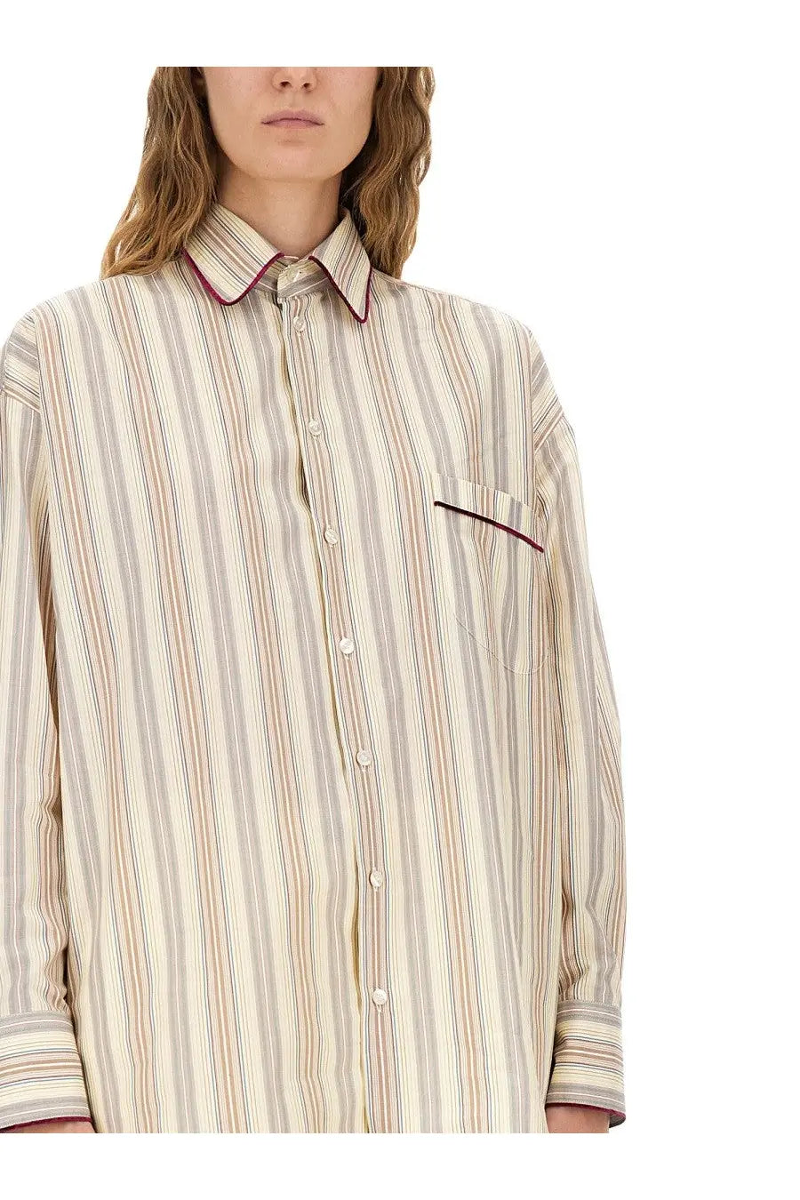 Etro women’s long-sleeved striped cotton shirt in beige gray and orange with burgundy-trimmed collar and pocket