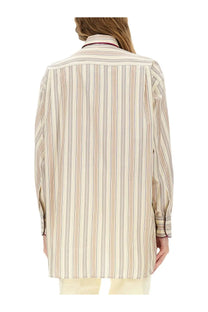 Etro women’s striped cotton shirt oversized long sleeve with soft beige and muted earth tone vertical stripes