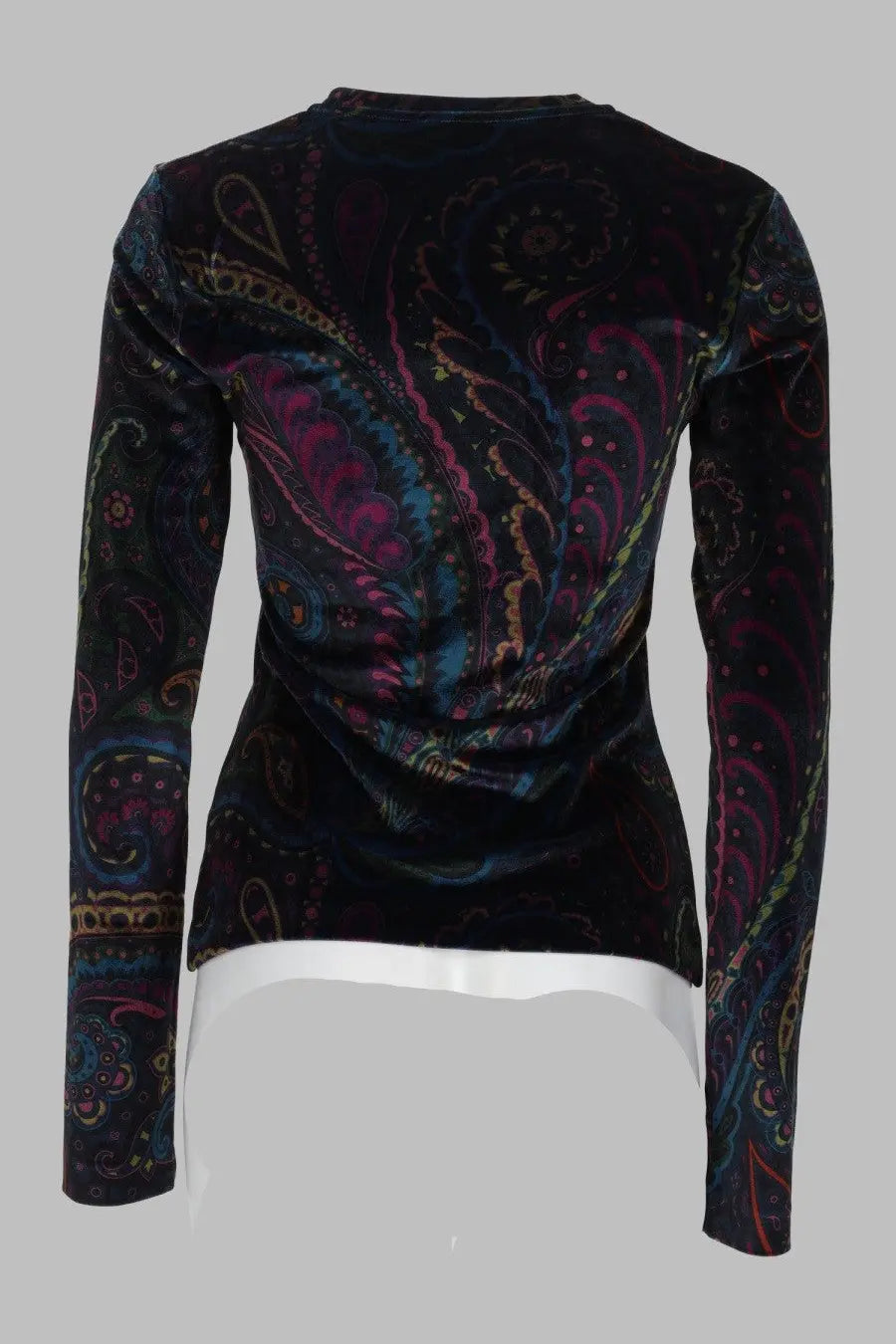 Etro women’s black velvet long-sleeved top with vibrant paisley pattern in purple blue and teal multicolor design