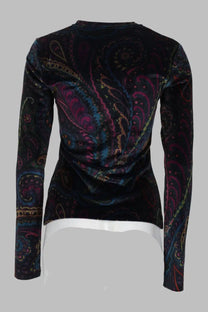 Etro women’s black velvet long-sleeved top with vibrant paisley pattern in purple blue and teal multicolor design