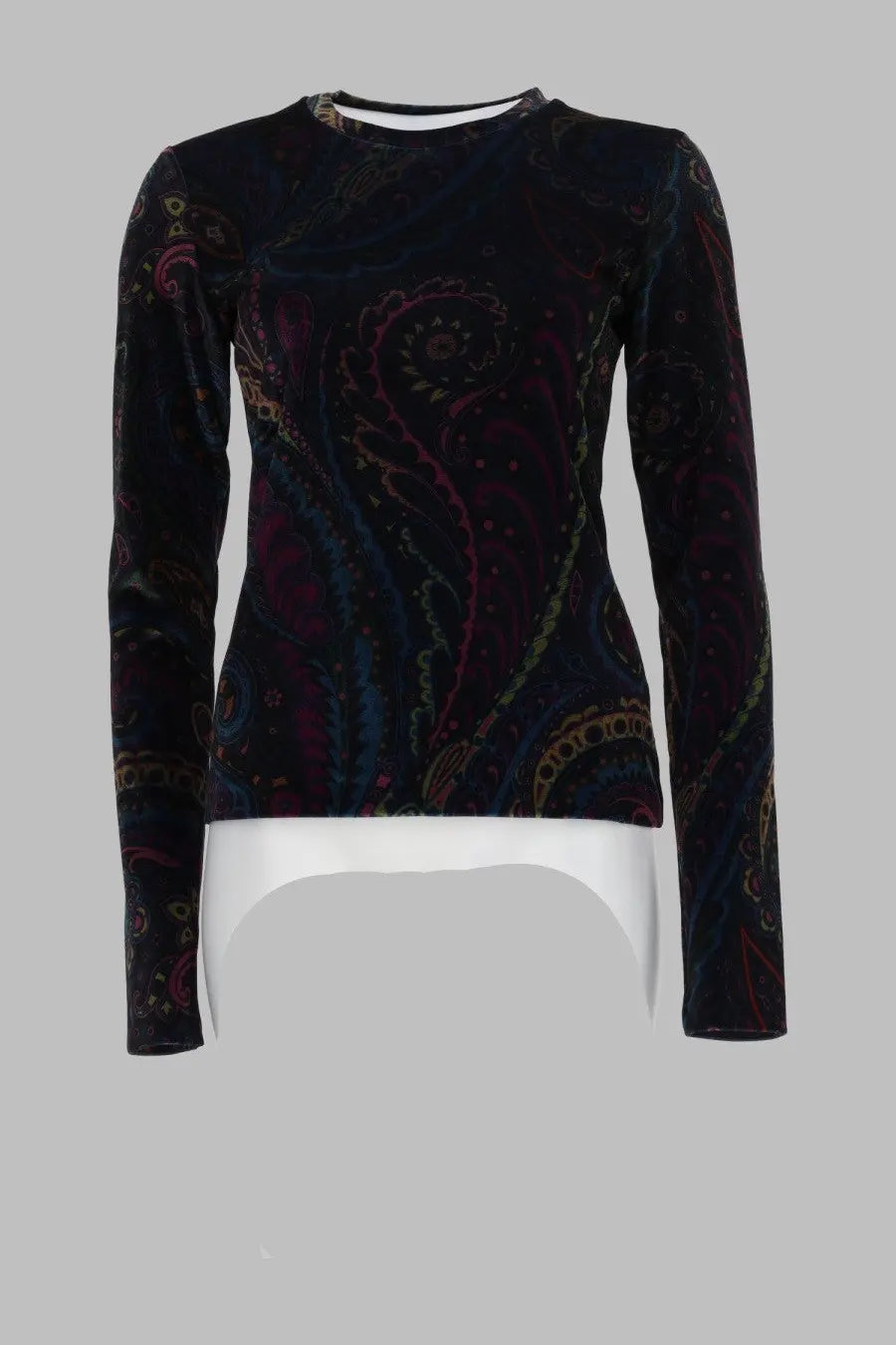 Etro women’s dark velvet long-sleeved top with intricate paisley pattern in burgundy teal and gold