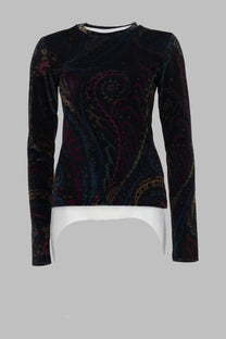 Etro women’s dark velvet long-sleeved top with intricate paisley pattern in burgundy teal and gold