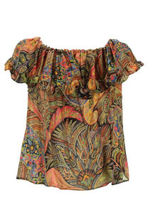 Etro women’s top multicolor vibrant off the shoulder blouse with paisley floral pattern in warm tones on dark fabric