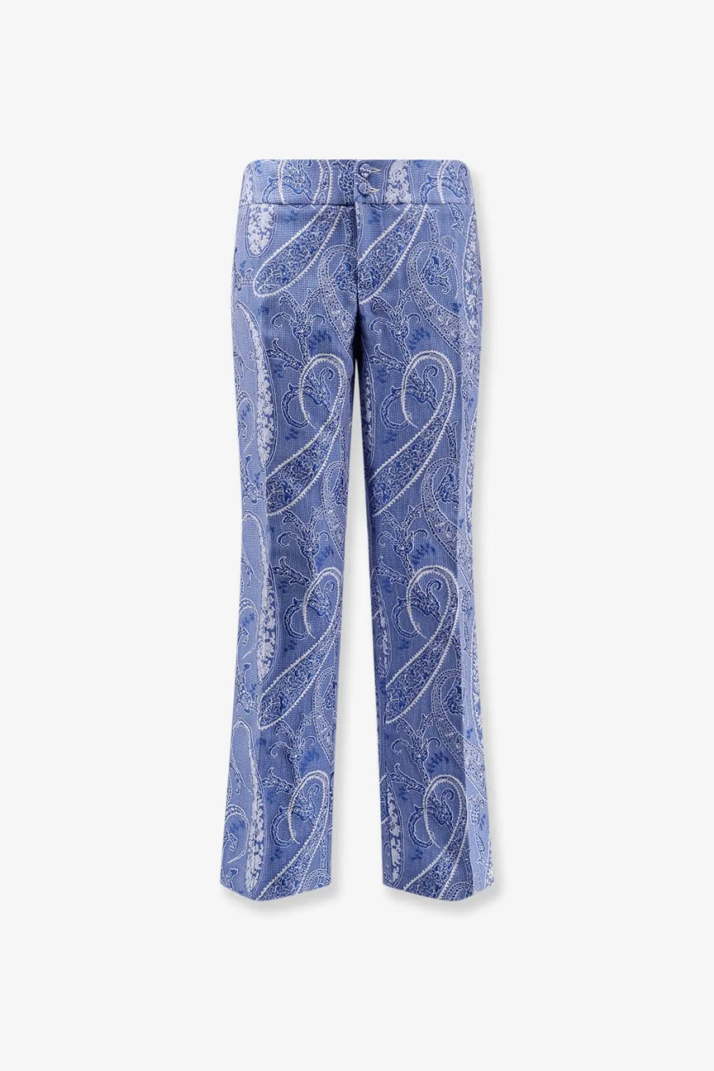 Etro women’s trousers in blue featuring wide-leg paisley pattern and subtle textured weave fabric